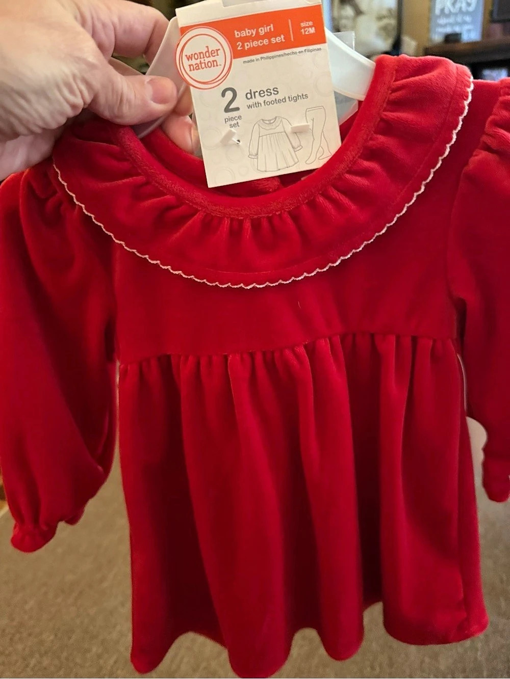 Wonder Nation Baby Girl Velvet Dress with Footed Tights 2-Piece Set Red & White